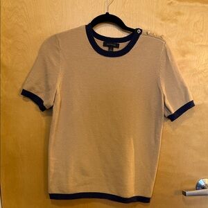 Ann Taylor Camel Short Sleeve Sweater with Navy Trim Medium